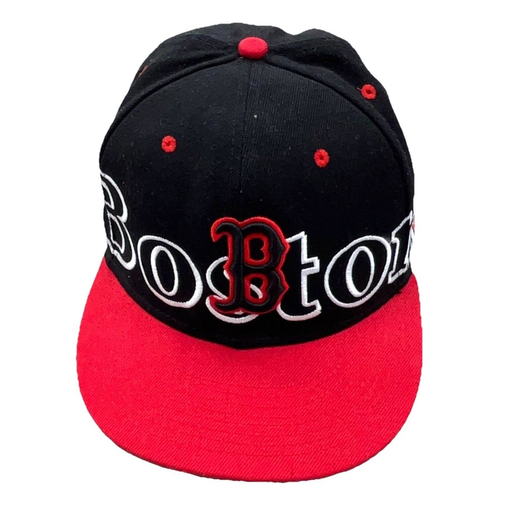 Boston Red Sox Hat Cap Snapback Black Spell Out Big Logo High Dome Flat Bill Y‎